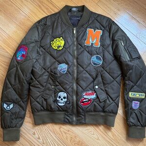 Zara Man Quilted Bomber Patch Jacket Army Green Large